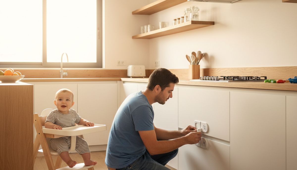 אבא מתקין מנעולי בטיחות במטבח