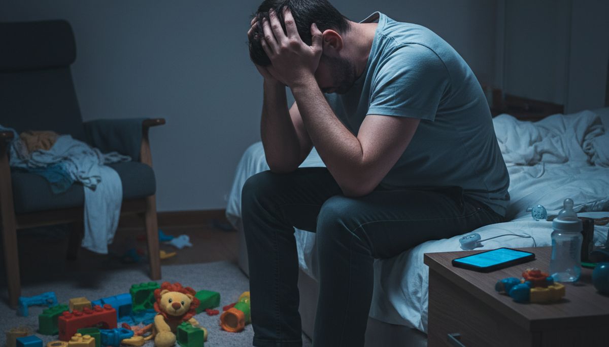 אבא שחוק יושב על המיטה בלילה, ראש בידיים